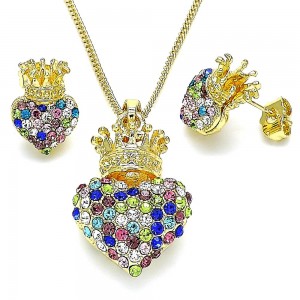 Gold Filled Earring and Pendant Adult Set Heart and Crown Design With Multicolor Crystal Polished Finish Golden Tone