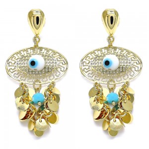 Gold Filled Long Earrings Greek Eye and Greek Key Design With Turquoise Crystal Polished Finish Golden Tone