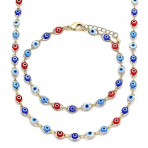 Gold Filled Fancy Necklace & Set Bracelet Greek Eye Design Multicolor Resin Finish Golden Tone