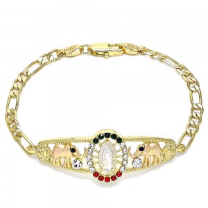 Gold Filled Fancy Bracelet Guadalupe and Elephant Design with Multicolor Crystal Polished Tri Tone