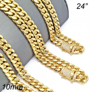 Gold Finish Basic Necklace Miami Cuban Design 24" with White Micro Pave Polished Golden Tone