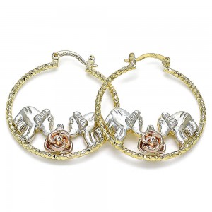 Gold Filled 35mm Medium Hoop Earrings Flower and Elephant Design Diamond Cutting Finish Tri Tone