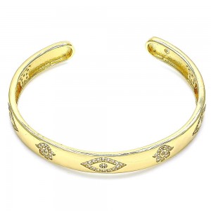 Gold Filled Individual Bangle Greek Eye and Hand of God Design With White Micro Pave Polished Finish Golden Tone