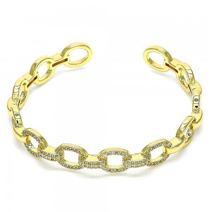Gold Filled Individual Bangle Paperclip Design With White Micro Pave Polished Finish Golden Tone