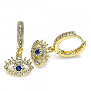 Gold Filled Huggie Hoop Earrings Greek Eye Design With Blue Topaz and White Micro Pave Polished Finish Golden Tone
