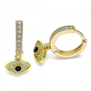 Gold Filled Huggie Hoop Earrings Greek Eye Design With White Micro Pave and Blue Topaz Cubic Zirconia Polished Finish Golden Tone