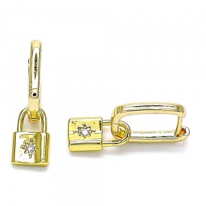 Gold Filled Huggie Hoop Earrings Lock and Sun Design With White Micro Pave Polished Finish Golden Tone