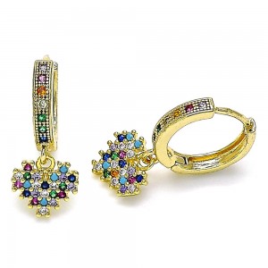 Gold Filled Huggie Hoop Earrings Heart Design With Multicolor Micro Pave Polished Finish Golden Tone