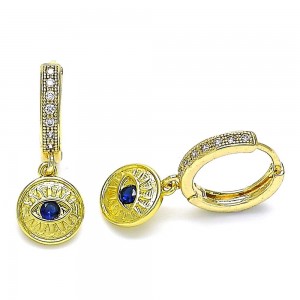 Gold Filled Huggie Hoop Earrings Greek Eye Design With Blue Topaz Cubic Zirconia and White Micro Pave Polished Finish Golden Tone