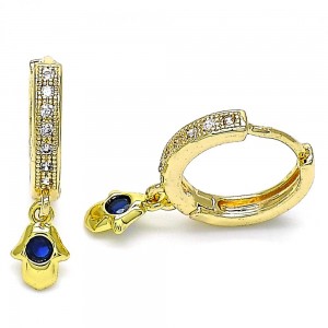 Gold Filled Huggie Hoop Hand of God Design With Blue Topaz Cubic Zirconia and White Micro Pave Polished Finish Golden Tone