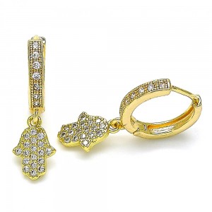 Gold Filled Huggie Hoop Hand of God Design With White Micro Pave Polished Finish Golden Tone