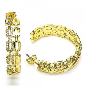 Gold Filled Hoop Earrings Paperclip Design With White Micro Pave Polished Finish Golden Tone