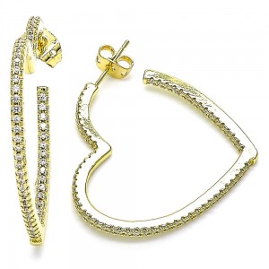 Gold Filled Hoop Earrings Heart Design With White Micro Pave Polished Finish Golden Tone