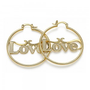 Oro Laminado Medium Hoop Gold Filled Style Nameplate and Love Design Polished Golden Finish