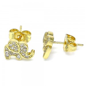 Gold Filled Elephant Design Stud Earrings With White Micro Pave Polished Finish Golden Tone