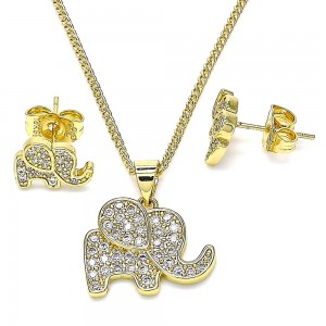 Gold Filled Earring and Pendant Adult Set Elephant Design With White Micro Pave Polished Finish Golden Tone