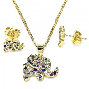 Gold Filled Earring and Pendant Adult Set Elephant Design With Multicolor Micro Pave Polished Finish Golden Tone