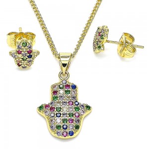 Gold Filled Earring and Pendant Set Hand of God Design With Multicolor Micro Pave Polished Finish Golden Tone