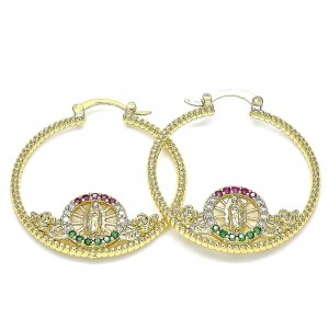 Gold Filled 35mm Guadalupe and Flower Design Medium Hoop Earrings With Multicolor Cubic Zirconia Polished Finish Golden Tone