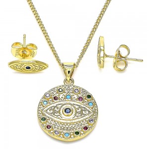 Gold Filled Earring and Pendant Adult Set Greek Eye Design With Multicolor Micro Pave Polished Finish Golden Tone