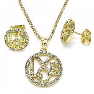 Gold Filled Earring and Pendant Adult Set Love Design With White Micro Pave Polished Finish Golden Tone