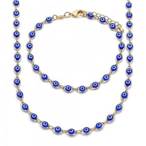 Gold Filled Greek Eye Design Necklace and Bracelet Blue Resin Finish Golden Tone