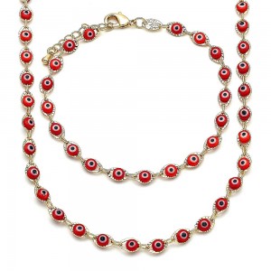 Gold Filled Greek Eye Design Necklace and Bracelet Red Resin Finish Golden Tone
