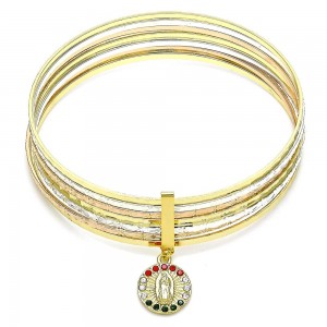 Gold Filled Semanario Bangle Guadalupe Design With Multicolor Crystal Diamond Cutting Finish Tri Tone
