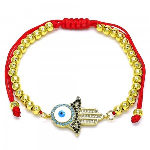 Gold Finish Adjustable Bolo Bracelet Hand of God and Ball Design with Multicolor Micro Pave White Enamel Finish Golden Tone
