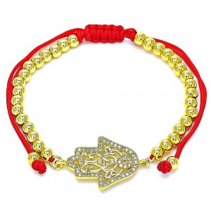 Gold Finish Adjustable Bolo Bracelet Hand of God and Ball Design with White Micro Pave Polished Golden Tone