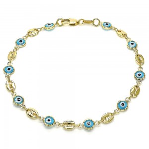 Gold Filled Greek Eye and Puff Mariner Design Fancy Anklet Turquoise Resin Finish Golden Tone