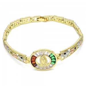 Gold Filled Fancy Bracelet Guadalupe and Four-leaf Clover Design with Multicolor Cubic Zirconia Polished Finish Tri Tone