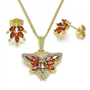 Gold Filled Earring and Pendant Set Butterfly Design With Garnet Cubic Zirconia and White Micro Pave Polished Finish Golden Tone