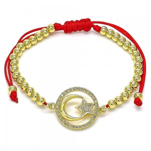 Gold Filled Adjustable Bolo Bracelet Moon and Star Design With White Micro Pave Polished Finish Golden Tone