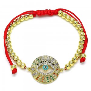 Gold Filled Adjustable Bolo Bracelet Greek Eye and Ball Design With Multicolor Micro Pave Turquoise Enamel Finish Golden Tone