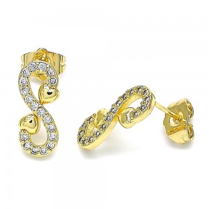 Gold Filled Stud Earrings Infinite and Heart Design With White Micro Pave Polished Finish Golden Tone