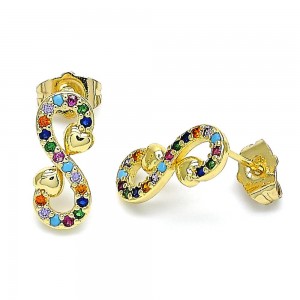Gold Filled Stud Earrings Infinite and Heart Design With Multicolor Micro Pave Polished Finish Golden Tone