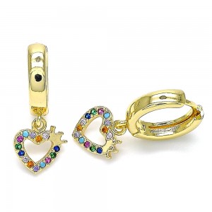Gold Finish Huggie Hoop Heart and Crown Design with Multicolor Micro Pave Polished Golden Tone