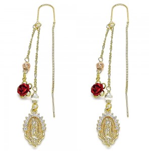 Gold Filled Threader Earrings Guadalupe and Flower Design With White Micro Pave Polished Finish Tri Tone
