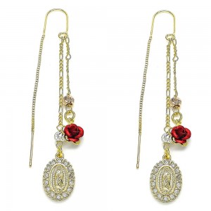 Gold Filled Threader Earrings Guadalupe and Flower Design With White Micro Pave Polished Finish Tri Tone