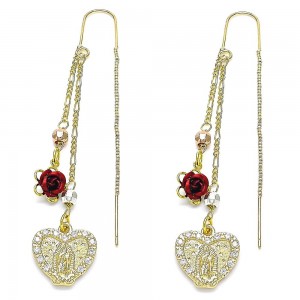 Gold Filled Threader Earrings Guadalupe and Heart Design With White Micro Pave Polished Finish Tri Tone