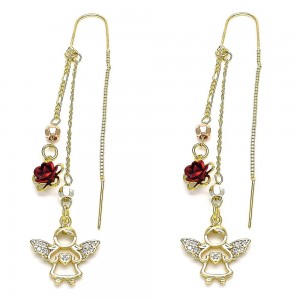 Gold Filled Threader Earring Angel and Heart Design With White Micro Pave Polished Finish Tri Tone