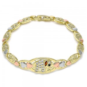 Gold Finish Fancy Bracelet Elephant and Heart Design with Garnet and White Cubic Zirconia Polished Tri Tone
