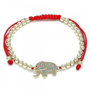 Gold Finish Adjustable Bolo Bracelet Elephant and Ball Design with White and Ruby Micro Pave Polished Golden Tone