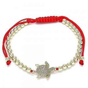 Gold Finish Adjustable Bolo Bracelet Turtle and Ball Design with White Micro Pave Polished Golden Tone