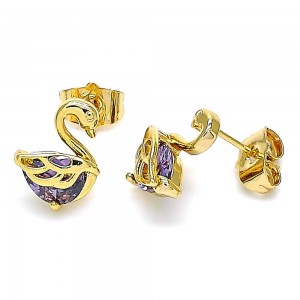 Gold Filled Stud Earrings Swan Design With Amethyst Cubic Zirconia Polished Finish Golden Tone