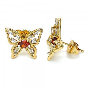 Gold Filled Stud Earrings Butterfly Design With Garnet and White Cubic Zirconia Polished Finish Golden Tone