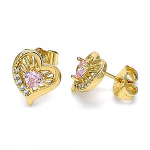 Gold Filled Stud Earrings Heart Design With Pink and White Cubic Zirconia Polished Finish Golden Tone