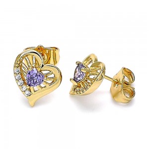 Gold Filled Stud Earrings Heart Design With Amethyst and White Cubic Zirconia Polished Finish Golden Tone