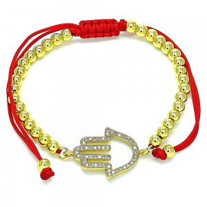 Gold Finish Adjustable Bolo Bracelet Hand of God and Ball Design with White Micro Pave Polished Golden Tone